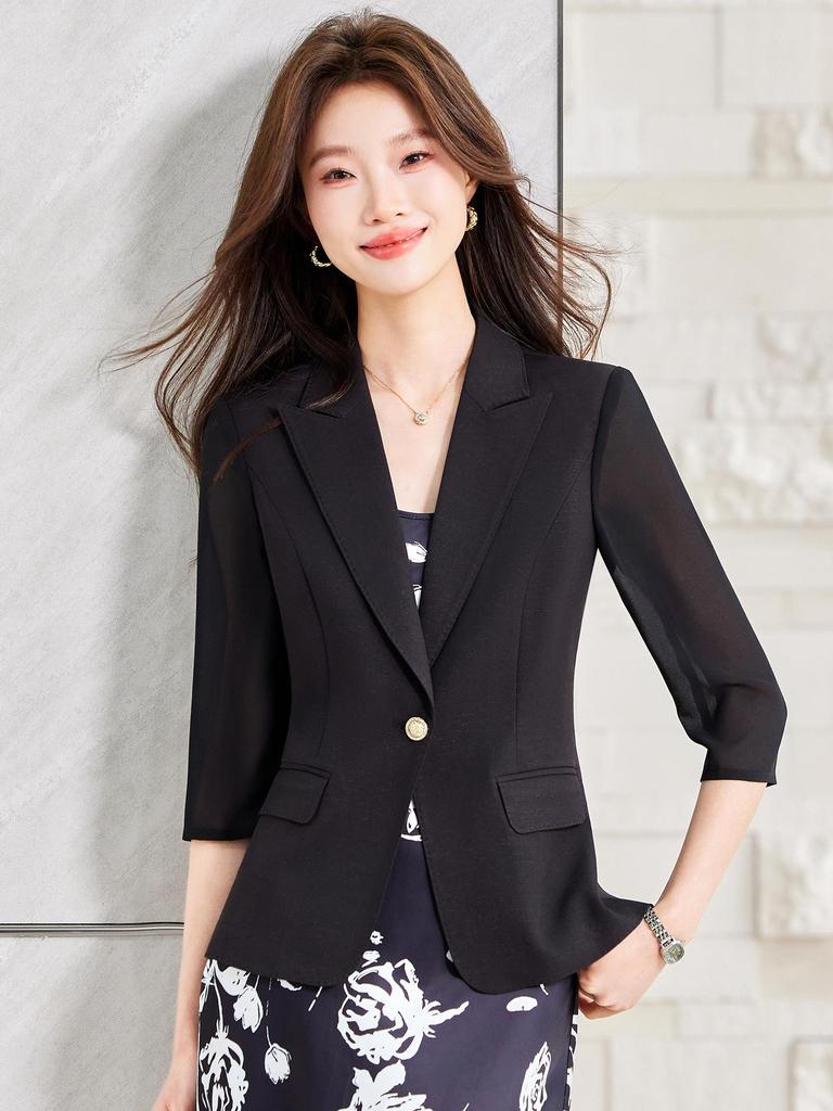 Women's White Acetate Satin Blazer: Thin, 3/4 Sleeves, Spring/Summer, Goddess Style, Professional Suit Jacket