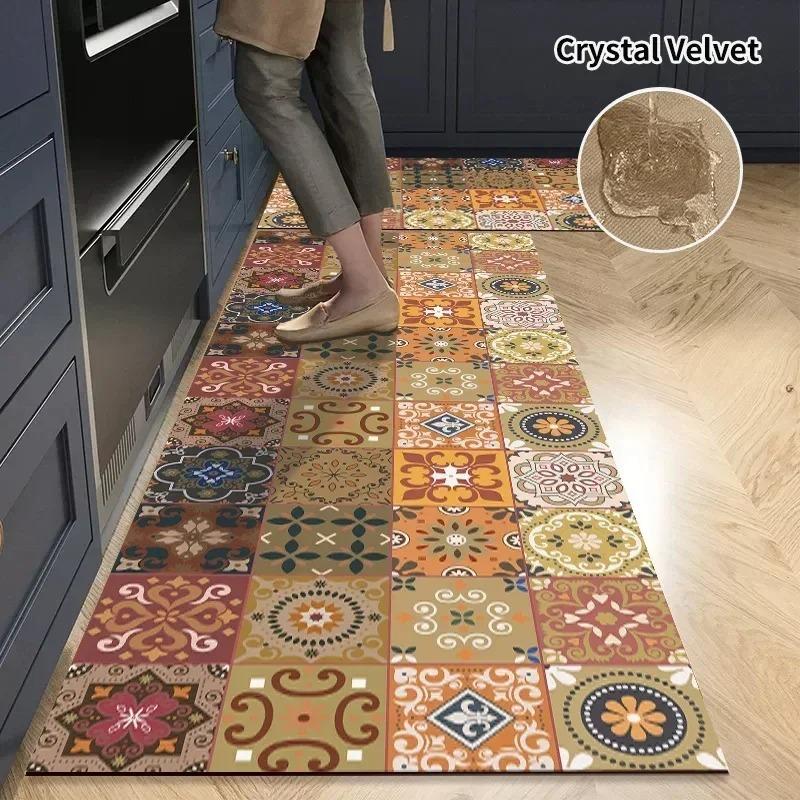 Non-slip PVC Kitchen Floor Mat Waterproof Oil-proof Leather Rug American Retro Home Decoration Long Foot Mats