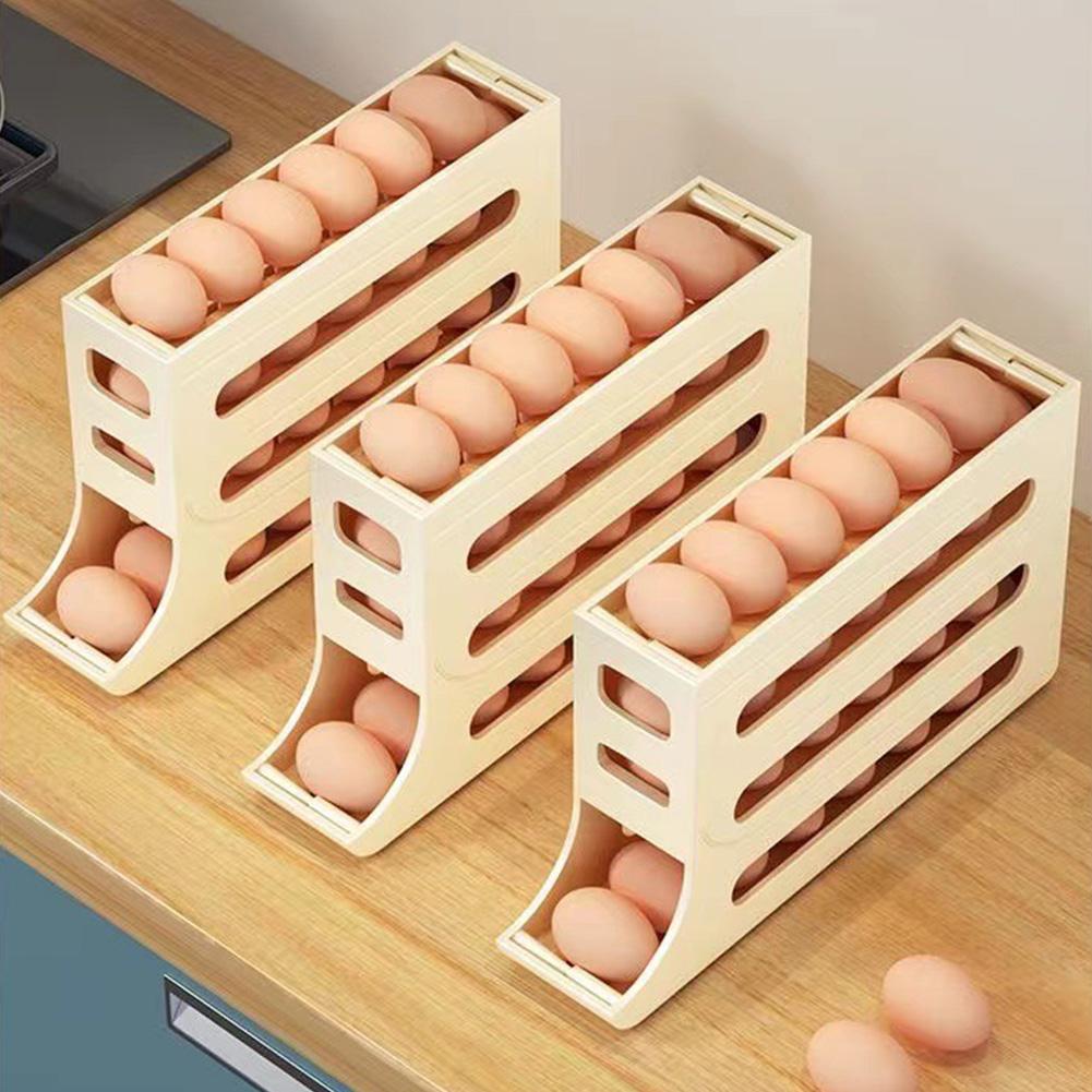 Automatic Rolling Egg Tray Organizer Space Saving Fridge Egg Rack Fridge Egg Storage Container for Refrigerator Kitchen Cabinets