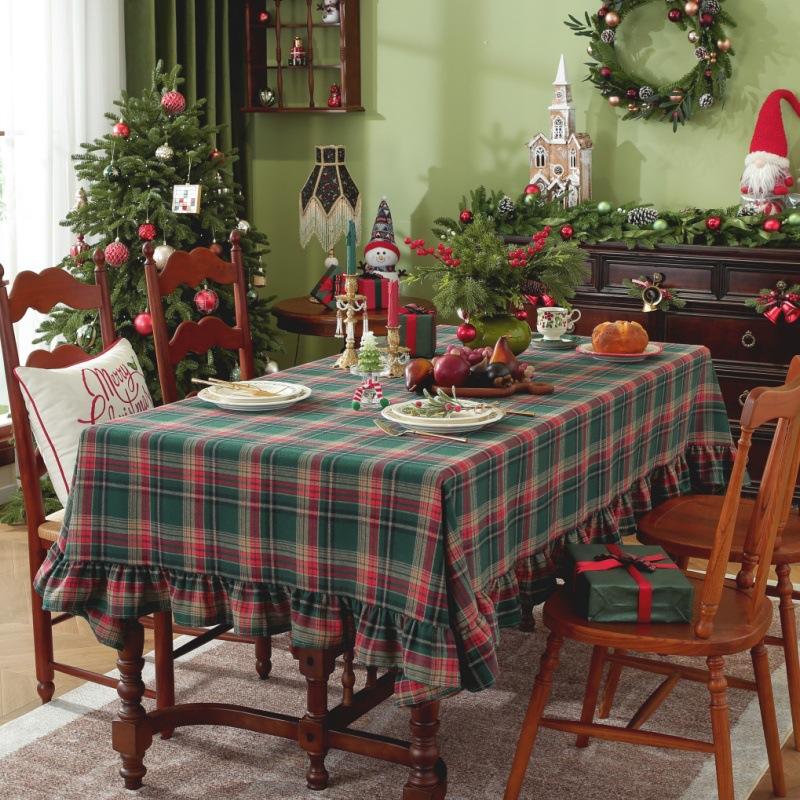 Christmas Green Plaid Ruffled Tablecloth Rectangular/Round Washable Anti-Stain Table Decorations For Kitchen Wedding Table Cover