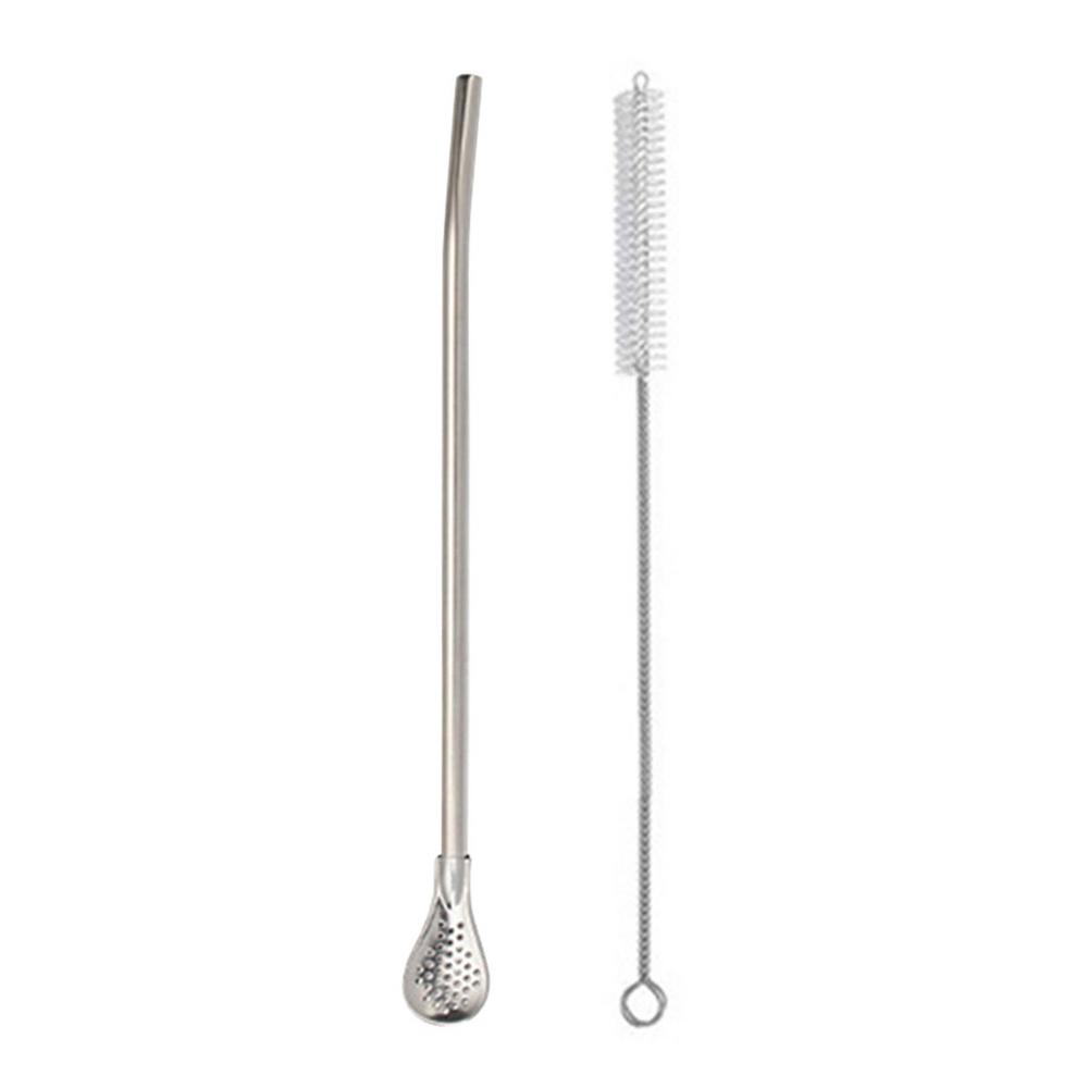 Detachable Filter Straw Spoon Stainless Steel Tea Filter Yerba Mate Straw Reusable Bar Drinking Tools with Cleaning Brush