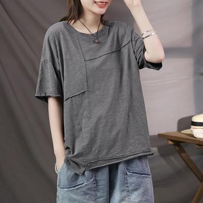 Women's Summer Lightweight Casual Short-Sleeve T-Shirt Loose-Fit Solid Color Patchwork Comfortable Base Layer Top