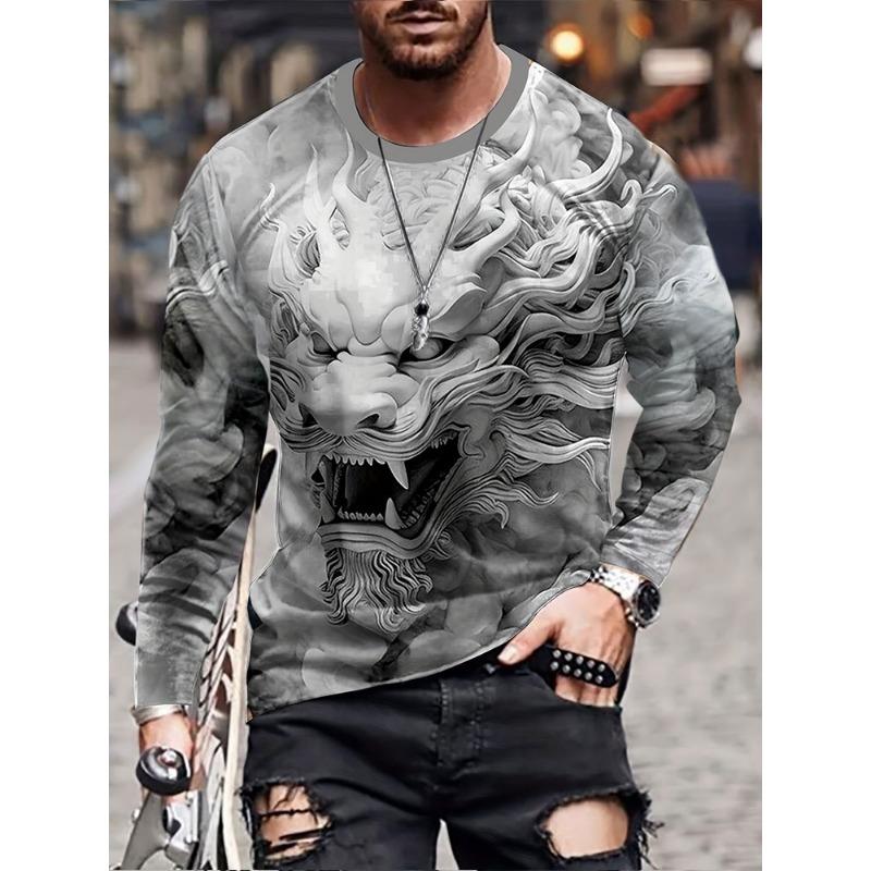 Oriental Dragon Printed Men's Long Sleeve T-shirt Autumn Daily Street Men's Fashion Long Sleeve T-shirt Casual Long Sleeve Top
