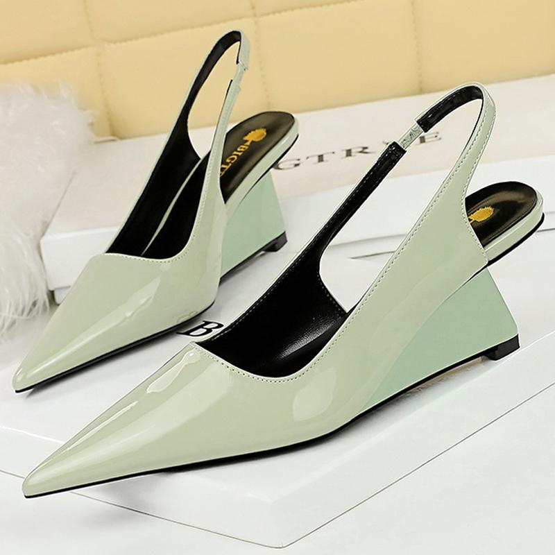 

2025 NEW Wedge Heels Women shoes Patent leather Women Pumps Hollow Back Strap Sandals Women Summer Shoes pointed High Heels 6 cm 35