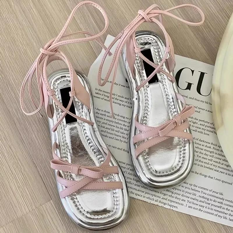 

Women Flat Sandals New 35-40 Bow Cross Strap Round Head Open Toe Fashion Shoes Roman Style Comfortable Temperament Hundred Shoes 40 розовый