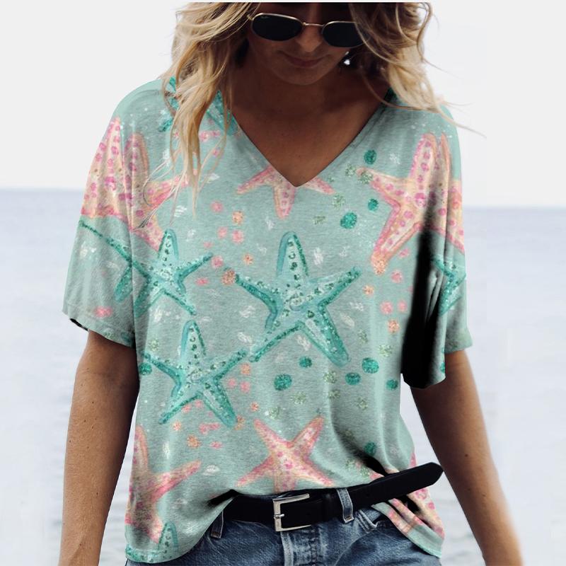 Jellyfish Conch 3D Print T Shirt Summer Women V-Neck Casual T Shirts Streetwear Y2k Tops Harajuku Oversized Woman Tees Clothing