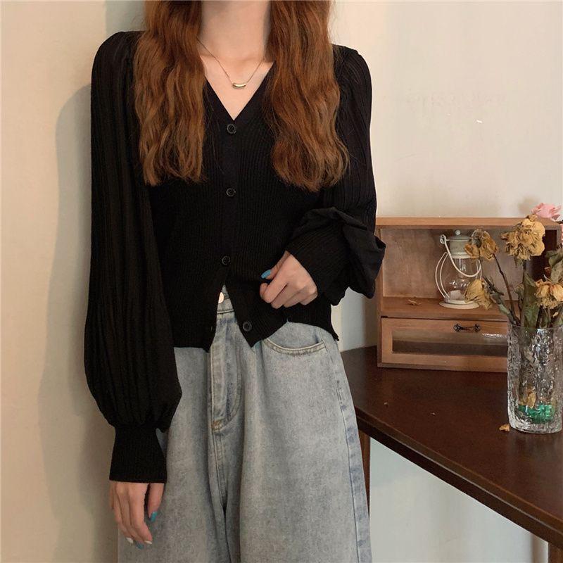 Women's White V-Neck Long-Sleeved Knit Cardigan with Lantern Sleeves - New Korean Autumn/Winter Style