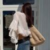 Womens Apricot Chiffon Blouse 2026 Ruffle Sleeve Loose Fit Round Neck Pullover Top