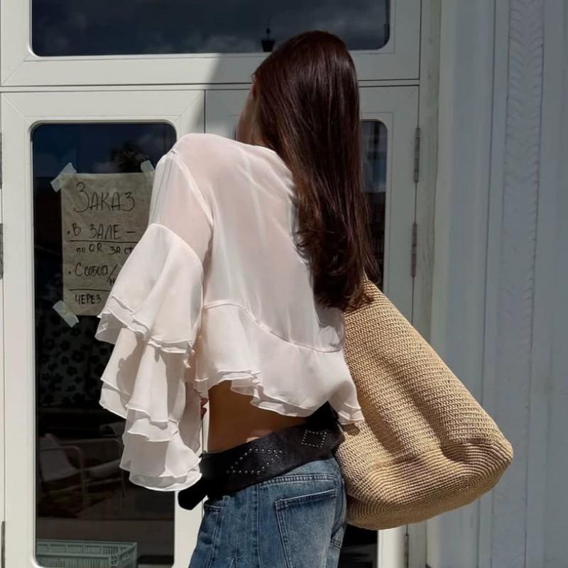 Womens Apricot Chiffon Blouse 2026 Ruffle Sleeve Loose Fit Round Neck Pullover Top