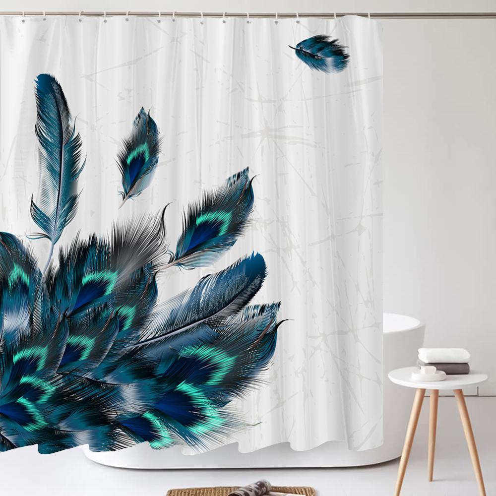 Feather Shower Curtains Printed Fabric Watercolor Flowers Bathroom Waterproof Polyester Bath Curtain Home Decoration with Hooks W90xH180cm