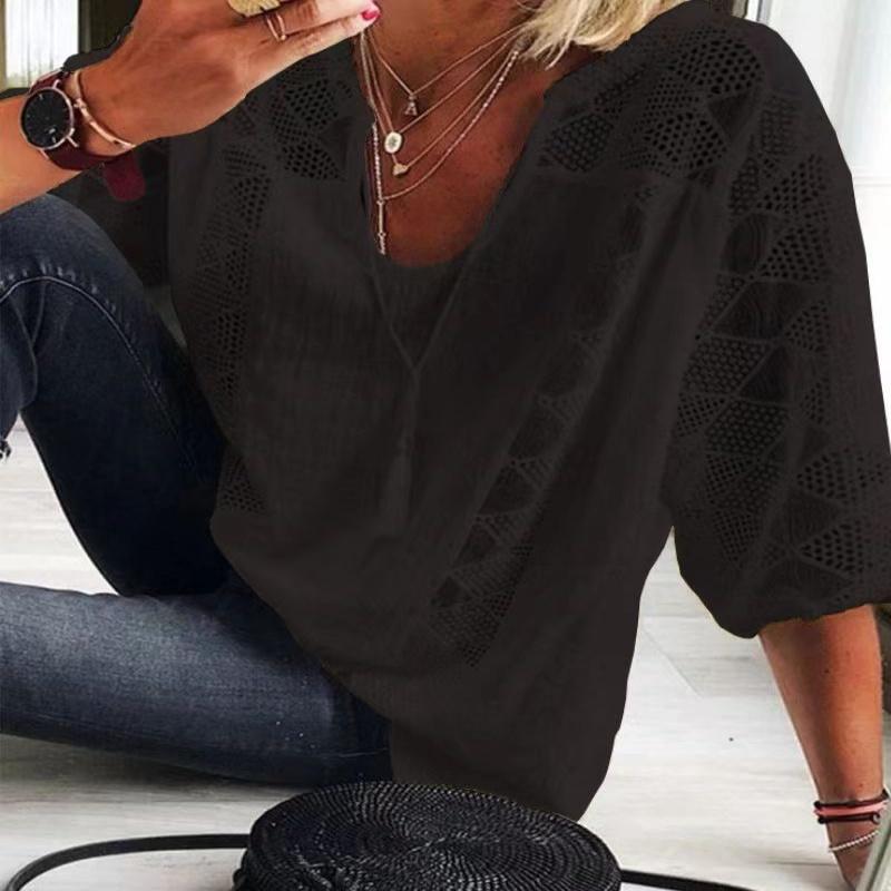 Spring Summer Women Solid Casual Top Shirt New Fashion Elegant Loose Black Office Holiday Lace Splicing Shirts Women Clothes