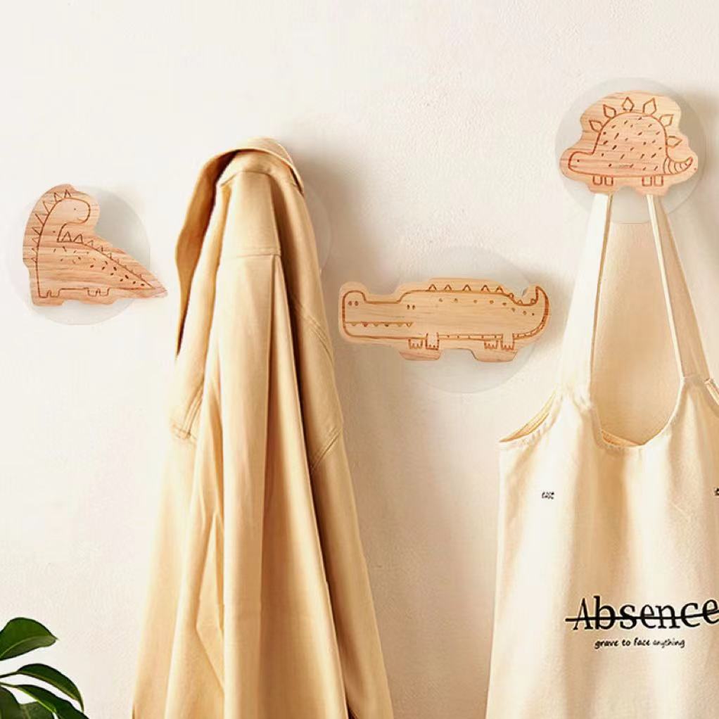 Dinosaur Wood Hook Wall Hanging Cute Children's Room Decoration Hook Bathroom Clothes Key Storage Rack Kitchen Home Accessories