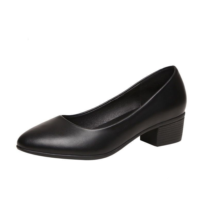 2025 new black real soft leather single shoes for women with soft soles, not tired feet, professional medium heel high heels, thick heel work shoes