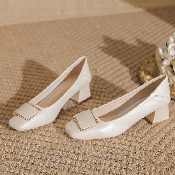 Giant soft~ French leather square head soft leather single shoes versatile temperament thick heel light mouth spring and autumn shoes professional