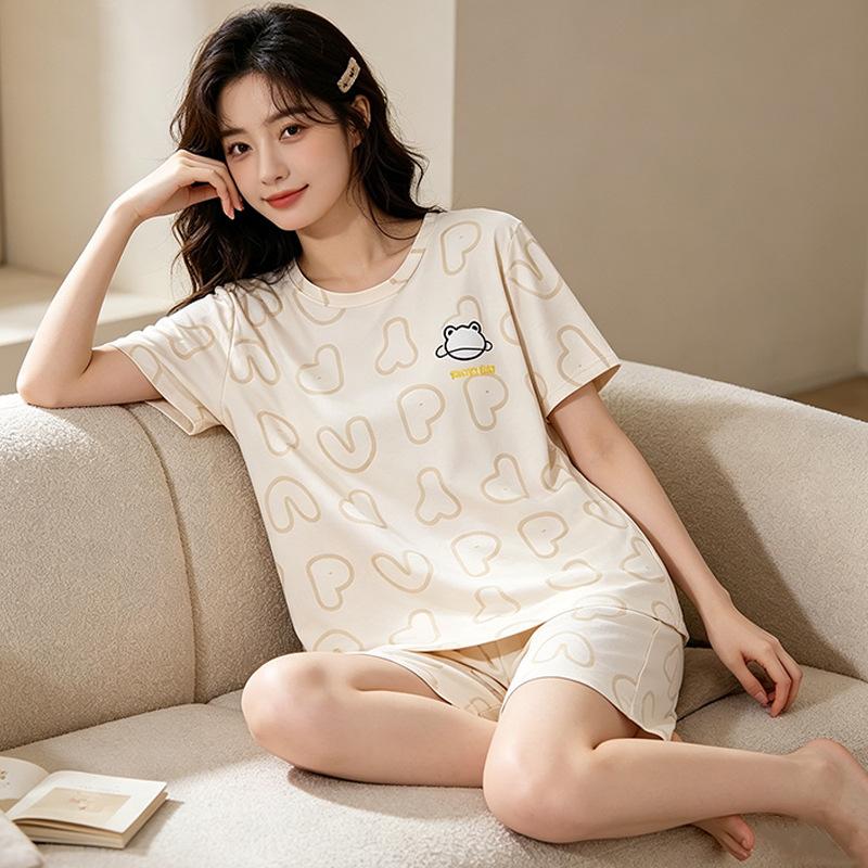 Summer Simple Casual Pajamas Women's Summer Round Neck T-shirt Short-sleeved Shorts Set Age-reducing Women's Loungewear