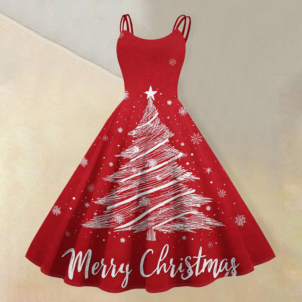 (Fröhliche Weihnachten) Damen Casual Mode Weihnachten Schneeflocke/Weihnachtsbaum/Schneemann Print Rundhals Retro Kleid