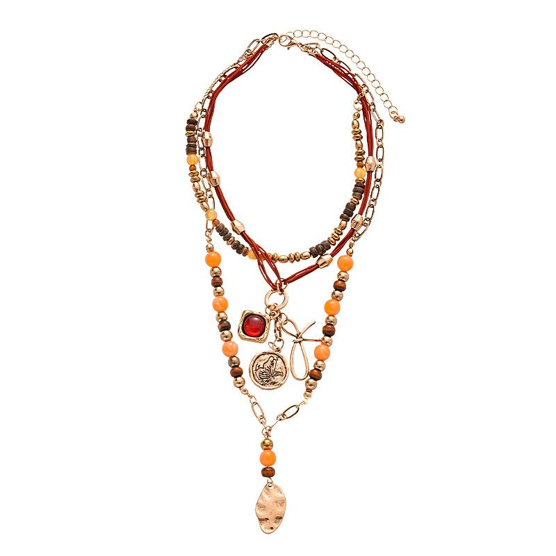 Multi-Layer Irregular Leaf Pendant Necklaces Vintage Colorful Beads Collarbone Chain Jewelry for Women