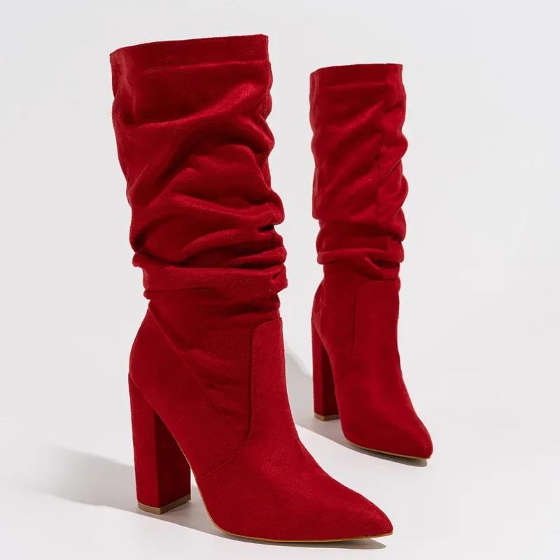 Women Pleated Flocks High Thick Heel Mid-calf Boots for Outdoor Office Nightclub Evening Party Wedding Banquet Botas De Mujer