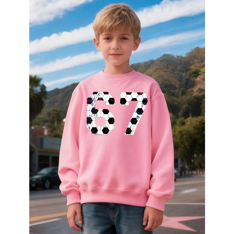 Unisex Kids Crewneck Sweatshirt, Vintage Soccer Ball Texture Number 67 Print Pullover, Boys Casual Birthday Sweatshirt For Kids Over 4 Years Old