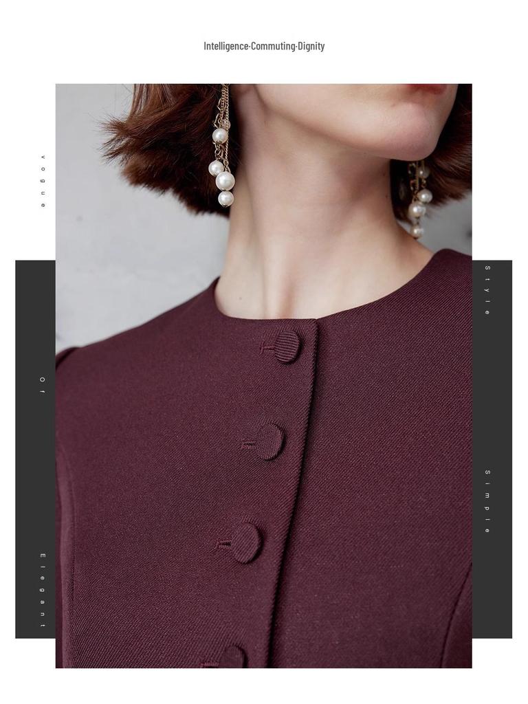 AD Ancora Women's Red Slim-Fit Round Neck Suit Jacket and Skirt Set - High-End Socialite Style for Professional Commute