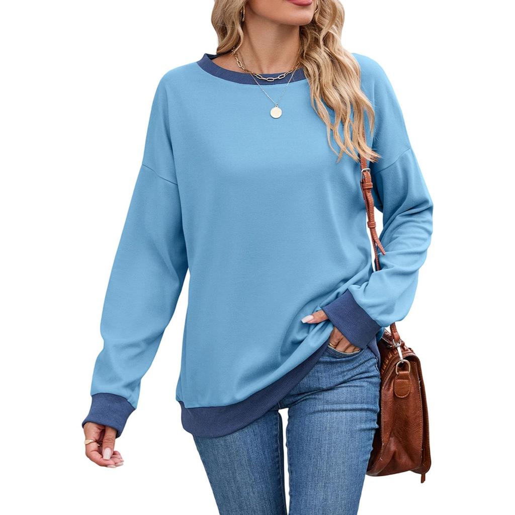 European and American Women's Round Neck Loose Top Long Sleeve Color Matching Ribbed Ladies Sweatshirt