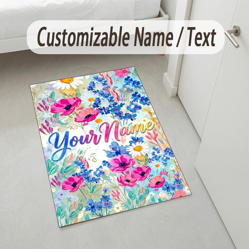 Floral Artwork Theme Soft Crystal Velvet Rug Custom Name & Text Print Non Slip Floor Rug for Bedroom Living Room