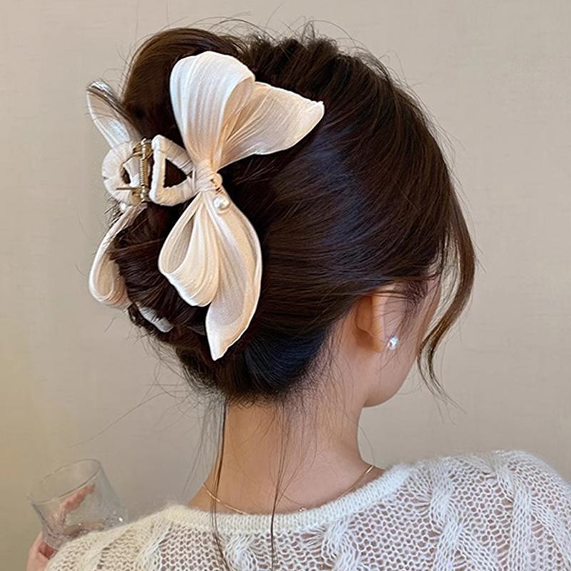 French Pearl Bow Pleated Hair Clips Women Korean Elegant Shark Clip Hair Accessories