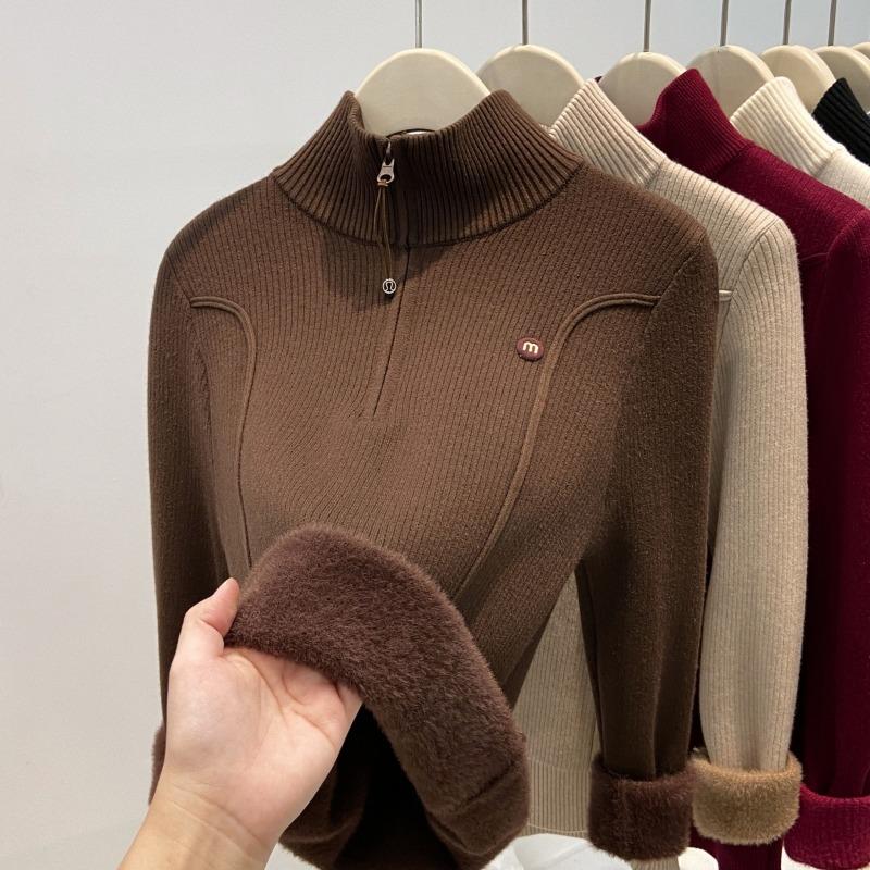 One-piece Fleece Thickened Sweater Women's Spring Semi-turtleneck Zipper-knitted Bottoming Shirt Slim-fitting Warm Inner Top