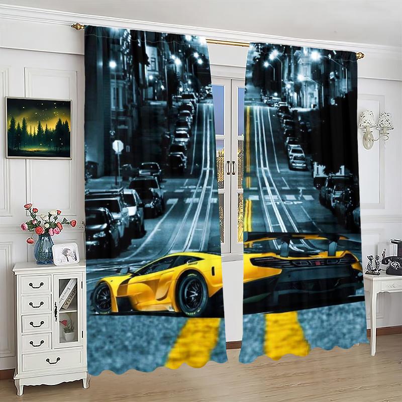 Baifenbai Home Furnishing 2Pcs- Street Supercar - Printed Curtain -100% Polyester Material, Suitable For Bedroom Curtains And Living Room Decoration;