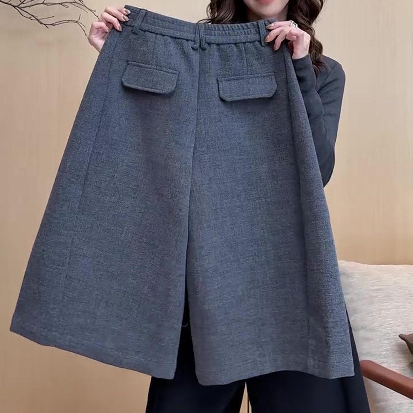 

Plus Size Grey Wool Blend Wide-Leg Cropped Pants - Women s Warm Autumn/Winter Bootcut for Petite and Curvier Figures. L