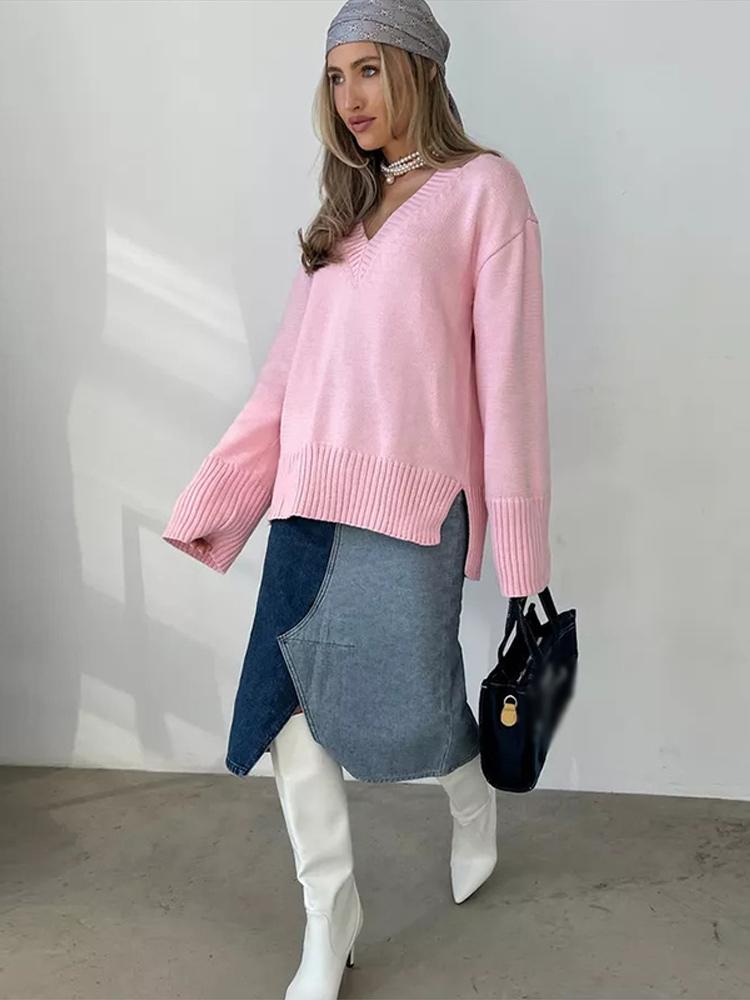 Women's Pullover Sweater with A V-neck and A Slit At The Bottom