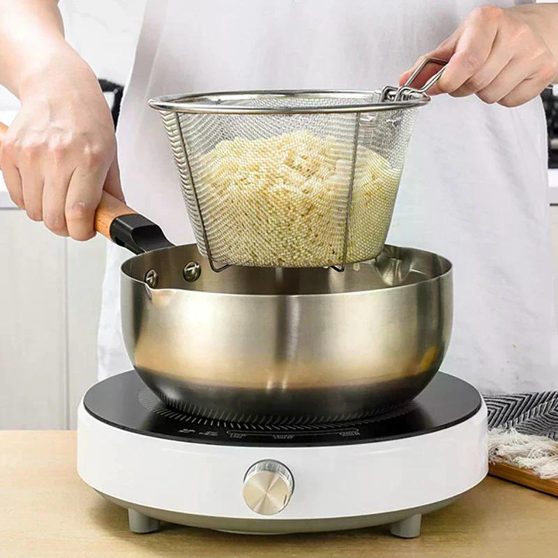Panier à frites en acier inoxydable, passoire ronde pour friteuse, avec poignée, en fil métallique