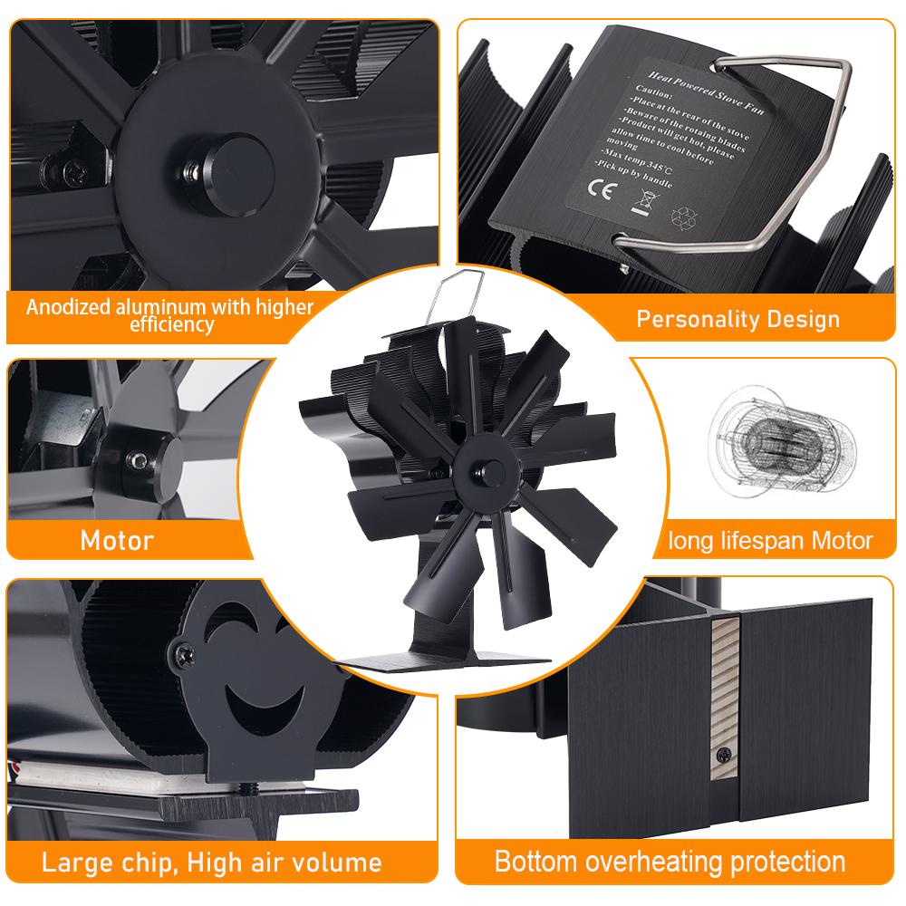 8 Blade Thermal Fireplace Fan Standing Classic Log Wood Burner Eco-fan Quiet Fireplace Fan Home Winter Warm Heat Distribution