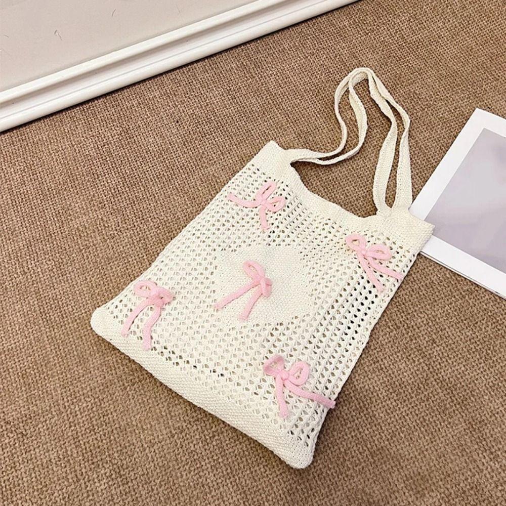 Large Capacity Knitted Shoulder Bag Handmade Weaving Woven Underarm Bag Hollow Out Handbag  Picnic