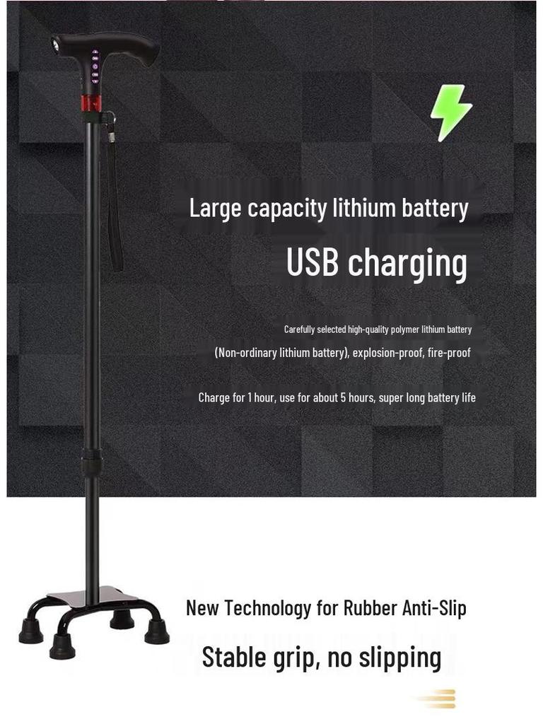 Smart Multi-Functional Telescopic Cane with Radio, Non-Slip Grip, LED Light, and Four-Legged Aluminum Alloy Base for Seniors.