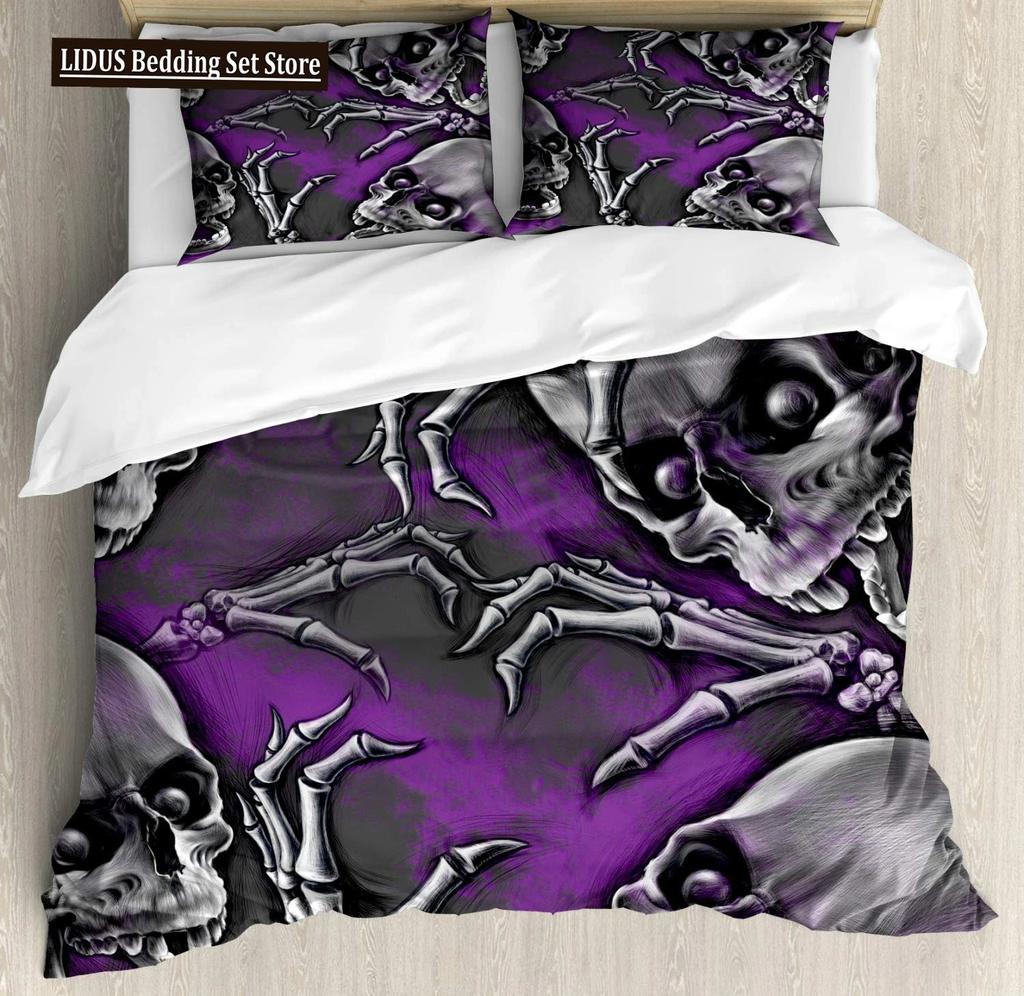 Duvet Cover Set Black Skull SkeletonPaisley Floral Gothic Luxury Soft Bedding Set Comforter Cover Halloween Decor,Queen Size
