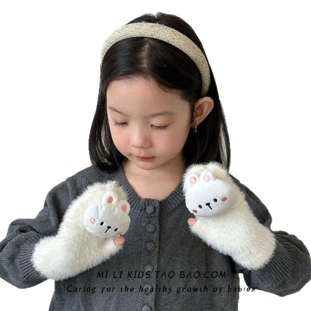 Girls' Winter Plush Rabbit Gloves: Warm, Touchscreen-Compatible, Half-Finger Flip-Top with Fleece Lining