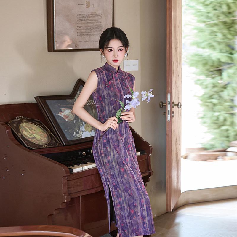 Purple sleeveless national style new Chinese daily Suzhou long cheongsam improved young 1011 new women's high sense