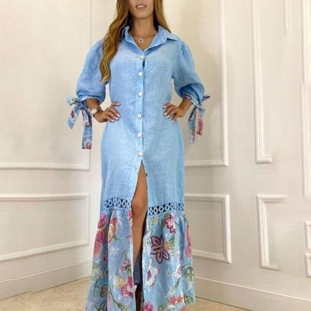 Femei Fashion Print Maneca lunga Largi Rochii Maxi Rochie Casual Button Down