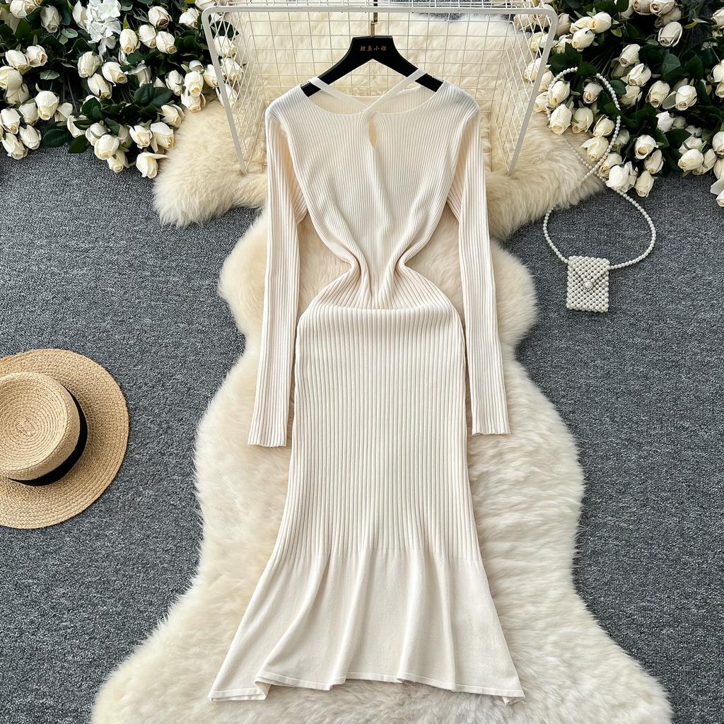 Autumn Winter Women V-neck Full Sleeve Casual Knitted Pullover Sweater Long Midi Dresses