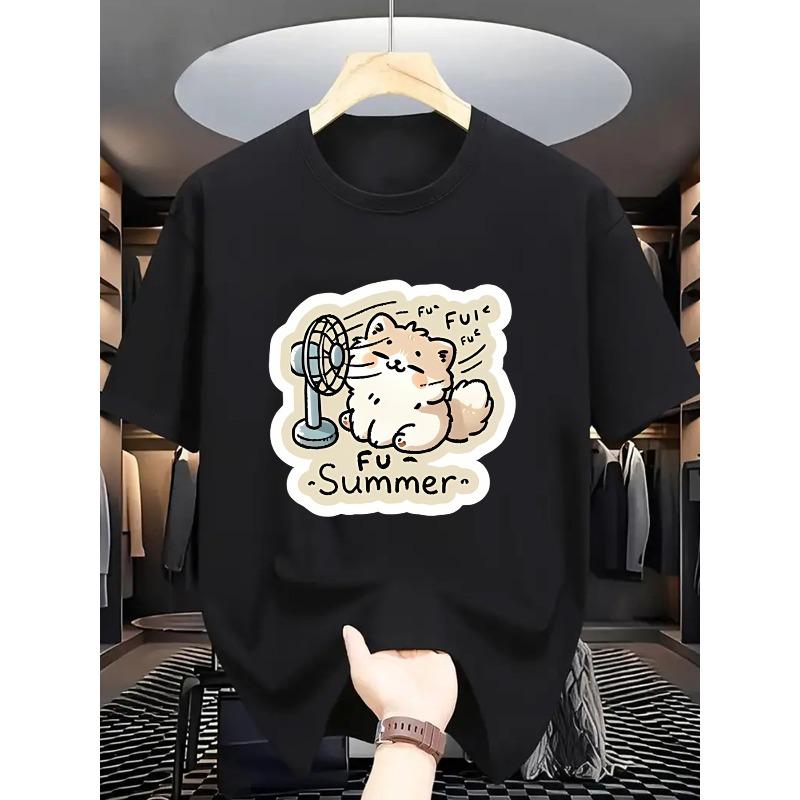 European Size Men'S Casual Summer T-Shirt with Cute Cat & Fan Print - Breathable, Lightweight, and Comfortable for Beach Vacations