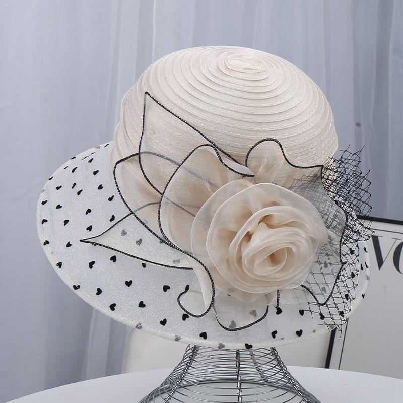 Elegant Mesh Polka Dot Sun Hat with Three-Dimensional Flower Decoration Retro Hepburn Style Breathable Large Brim Party Hat