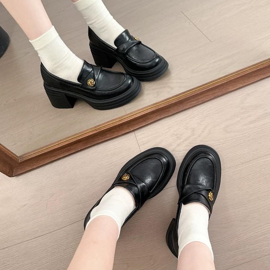 Cowhide Version~ British Style Camellia Platform High-heeled Loafers, Small Leather Shoes, Retro Thick-heeled Single Shoes for Women