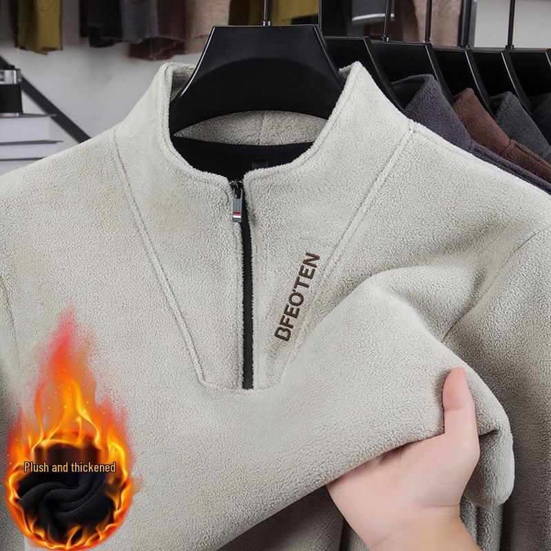 Men's Mid-Age Versatile Plus Velvet Hoodie - Cross2025 Autumn/Winter Pullover with Zipper Collar