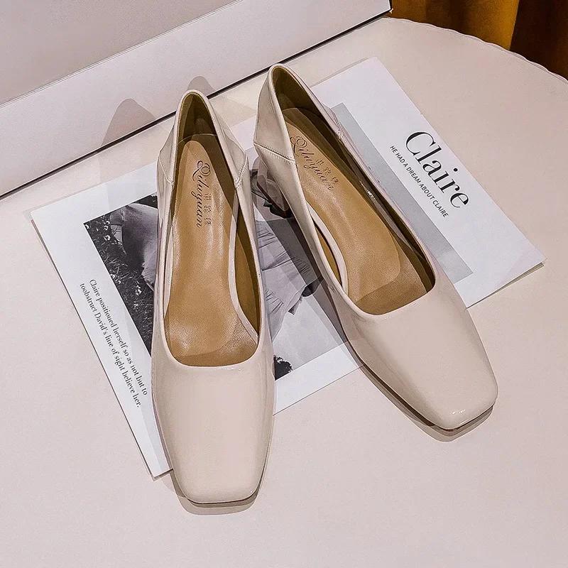 Fashion Thick Heel Square Head Patent Leather Single Shoes 2024 Spring Autumn Medium Heel Black High Heels Commuter Women's Shoes
