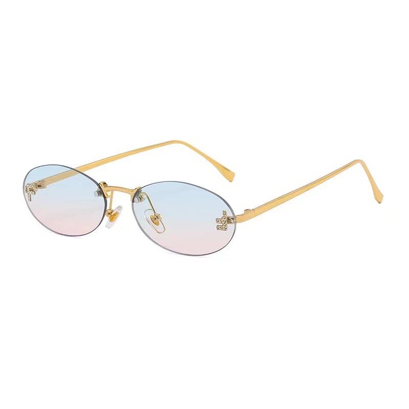 Trendy Oval Frameless Sunglasses with Diamond Accents