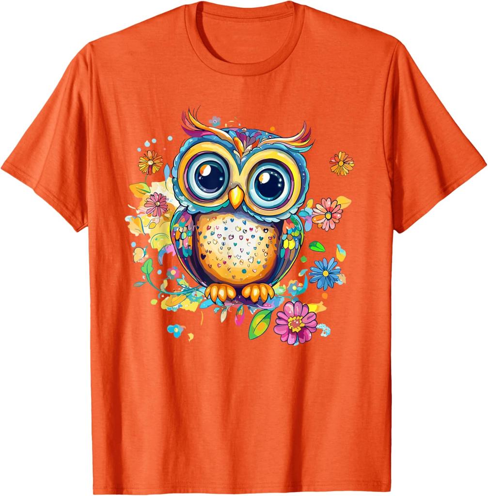 Vibrant Owl With Colorful Flowers Graphic T-Shirt Casual Cotton Print Crewneck Tee