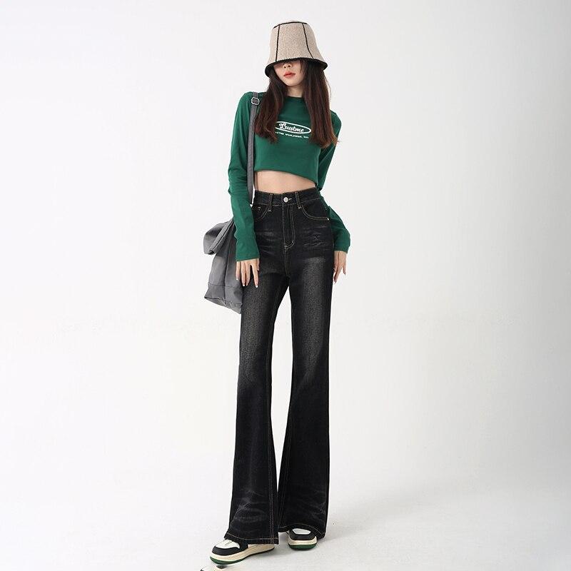 

Корейский Harajuku эластичные новые весенне-осенние женские джинсы-клеш с высокой талией узкие джинсовые брюки Harajuku винтажная женская уличная одежда XL