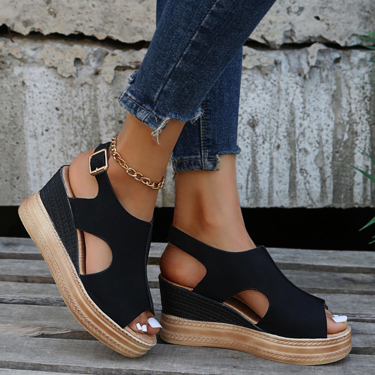 

Summer new fish mouth large size wedge heel open toe buckle with wind high heel sandals 36 чорний