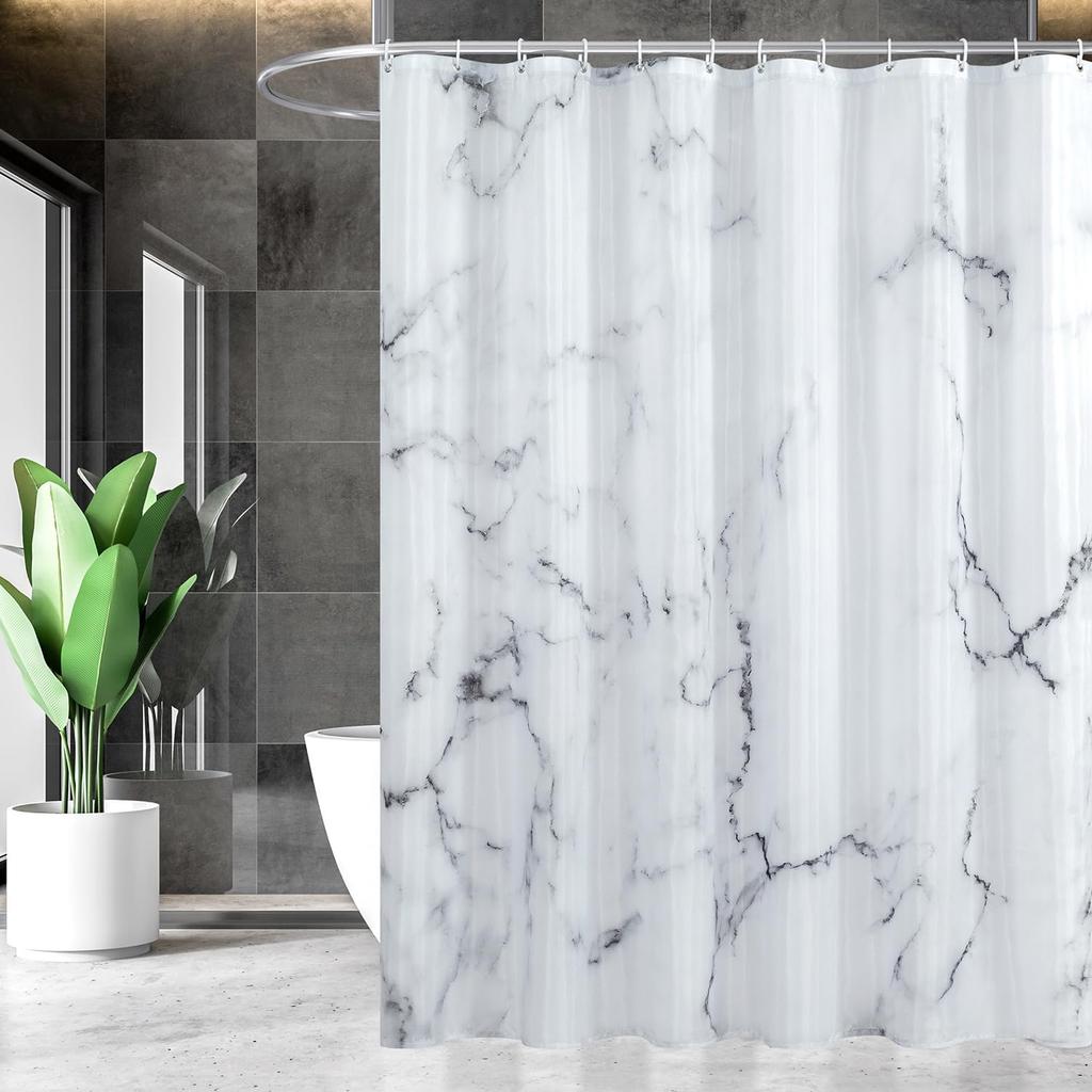 Gray And White Marble Shower Curtain Set With Hooks, Abstract Modern Luxury Gray And White Marble Bathroom Shower Curtain
